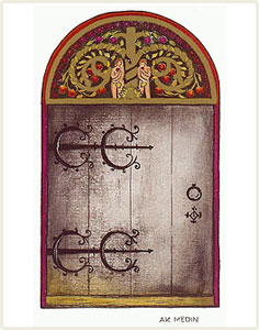 <b>Huvudportal på Gudhems klosterkyrka.</b> Kortet är ett av tre i en kortsamling med medeltida motiv vid namn <i>I en klosterträdgård</i>
